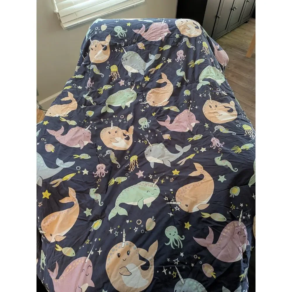 Taylor & Olive Petunia Purple Narwhal Reversible Cotton Twin Comforter